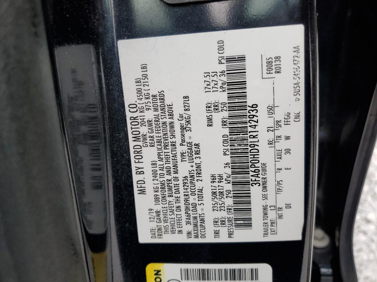 3FA6P0HD9LR142936 2019 FORD FUSION - Image 12