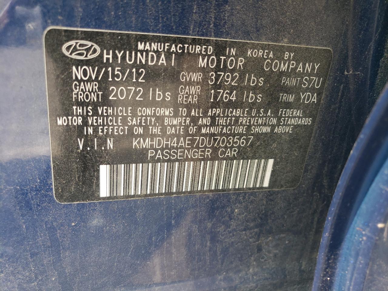 2013 Hyundai Elantra Gls VIN: KMHDH4AE7DU703567 Lot: 73136674