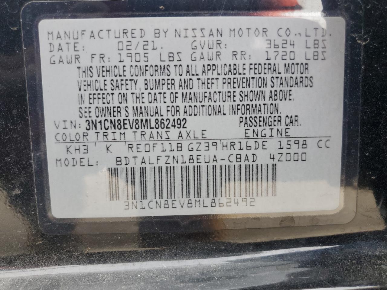 2021 Nissan Versa Sv VIN: 3N1CN8EV8ML862492 Lot: 72353804