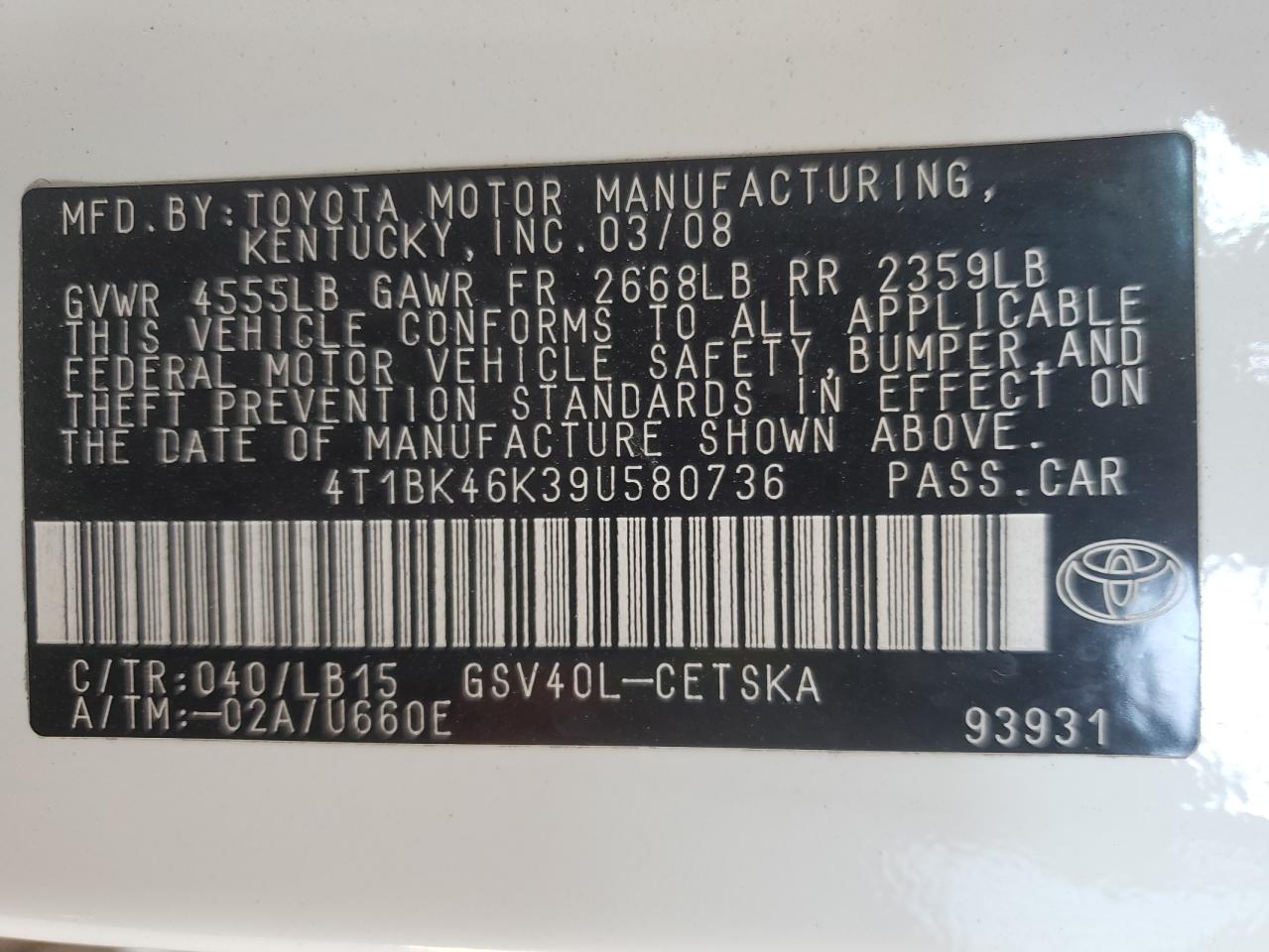 4T1BK46K39U580736 2009 Toyota Camry Se