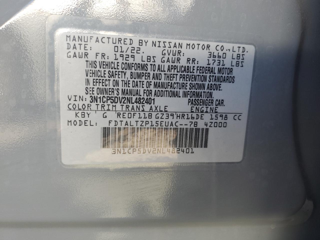 3N1CP5DV2NL482401 2022 Nissan Kicks Sr