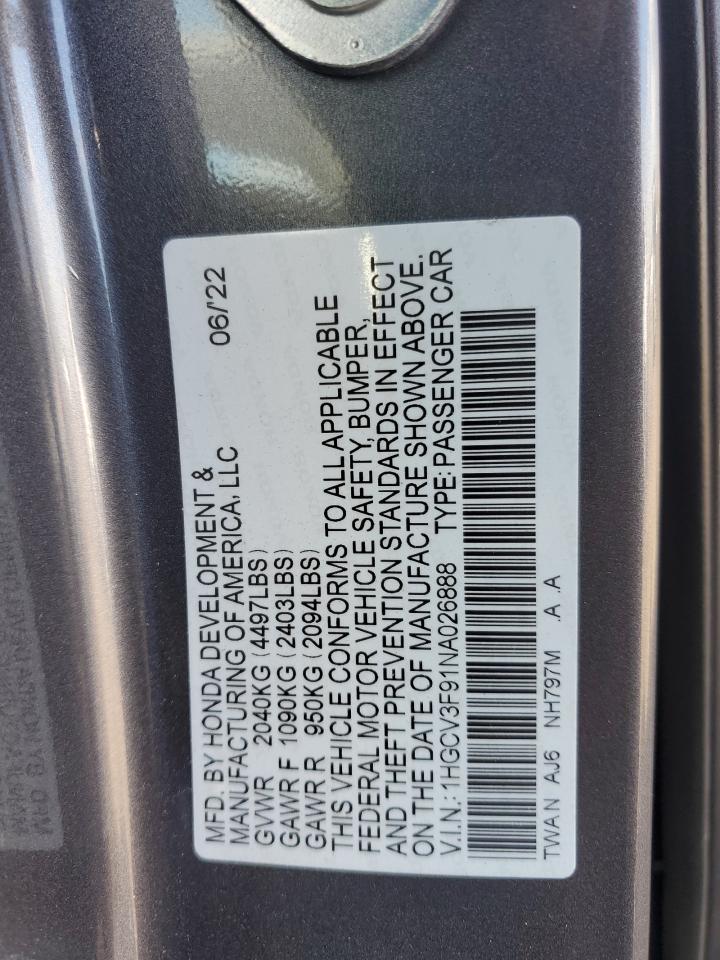 1HGCV3F91NA026888 2022 Honda Accord Touring Hybrid