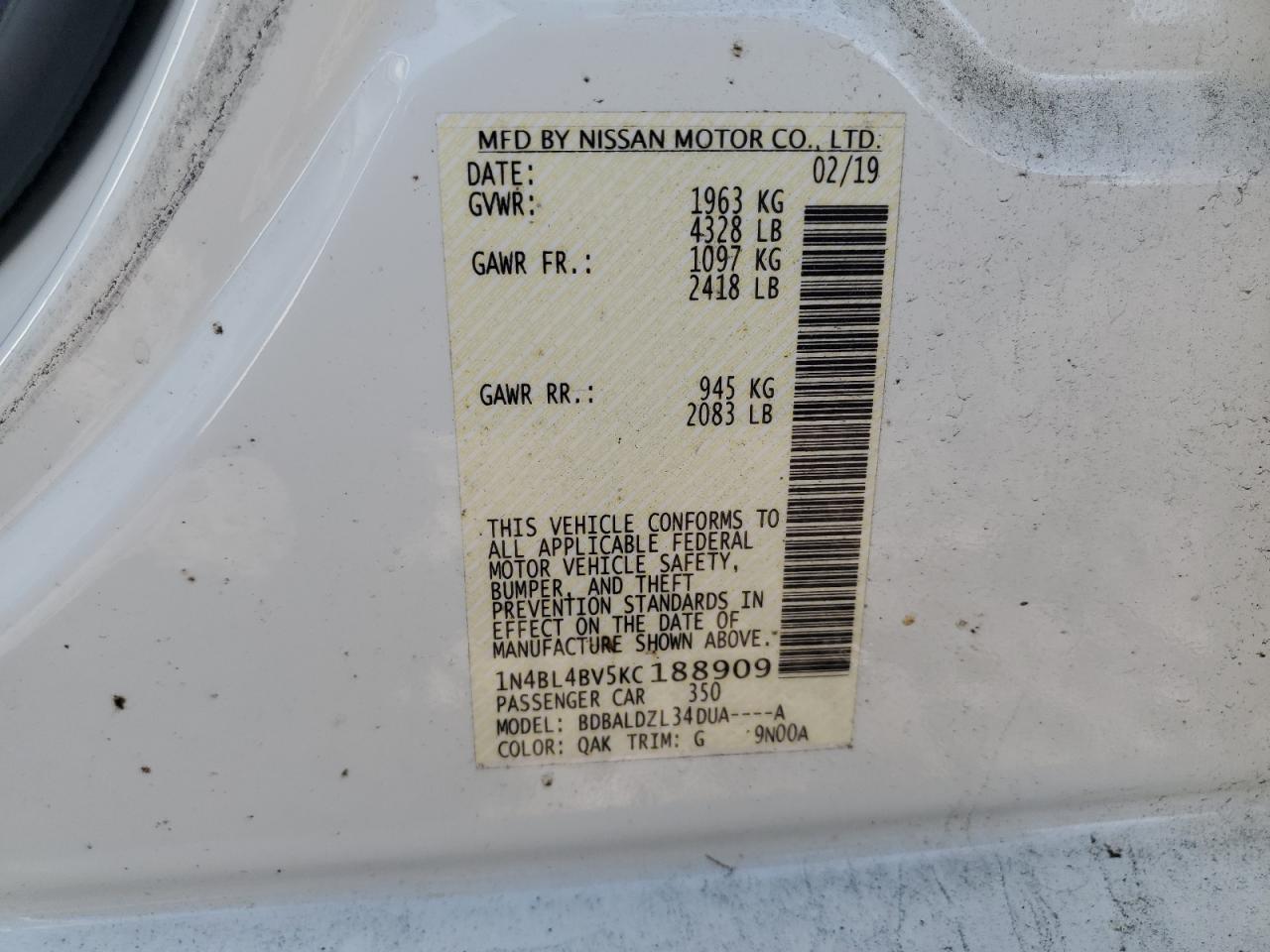 2019 Nissan Altima S VIN: 1N4BL4BV5KC188909 Lot: 71749314