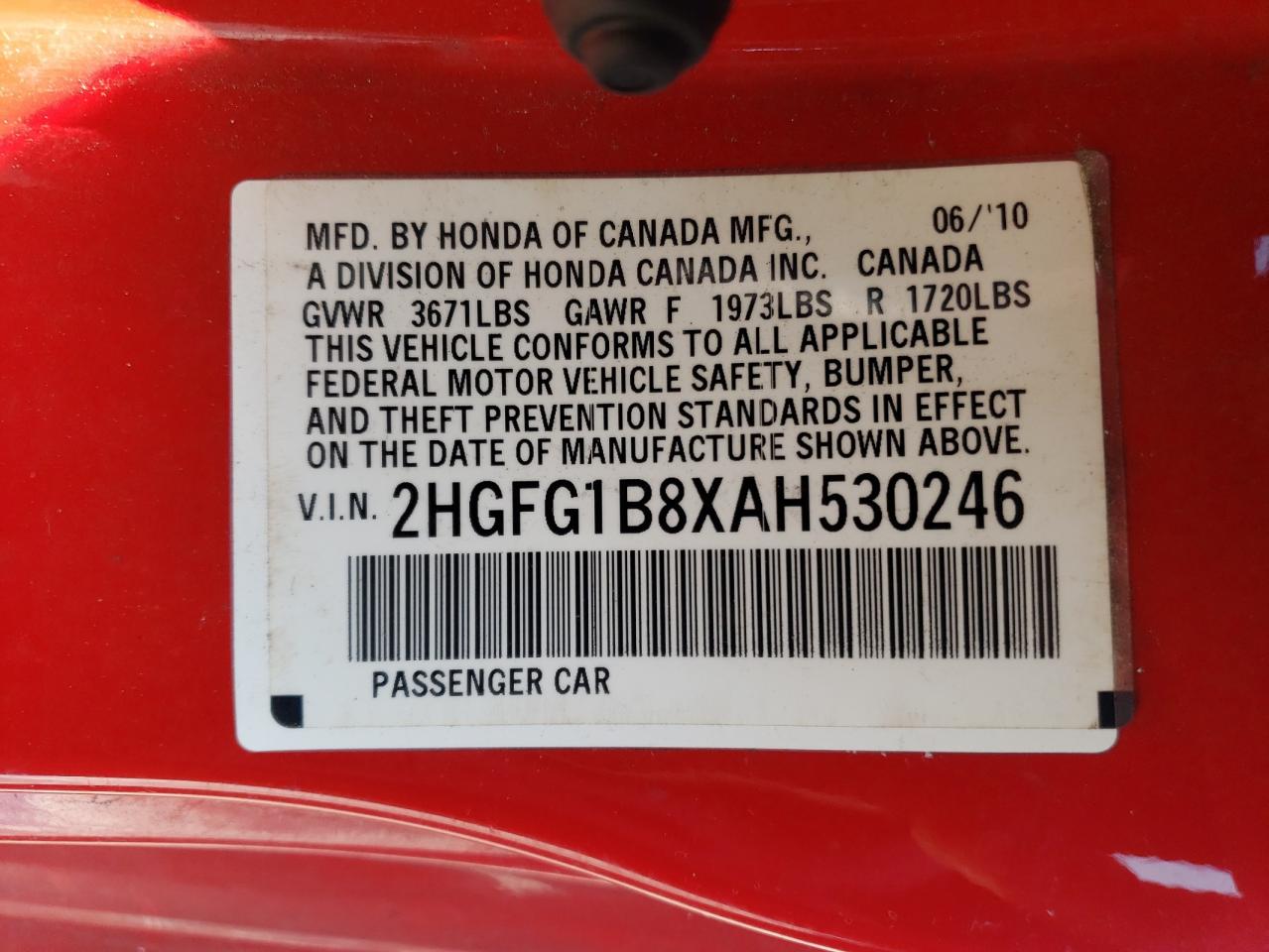 2HGFG1B8XAH530246 2010 Honda Civic Ex