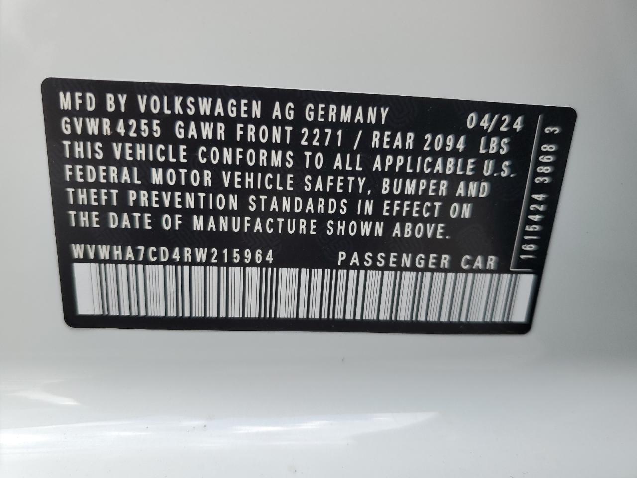 2024 Volkswagen Gti S VIN: WVWHA7CD4RW215964 Lot: 72517644