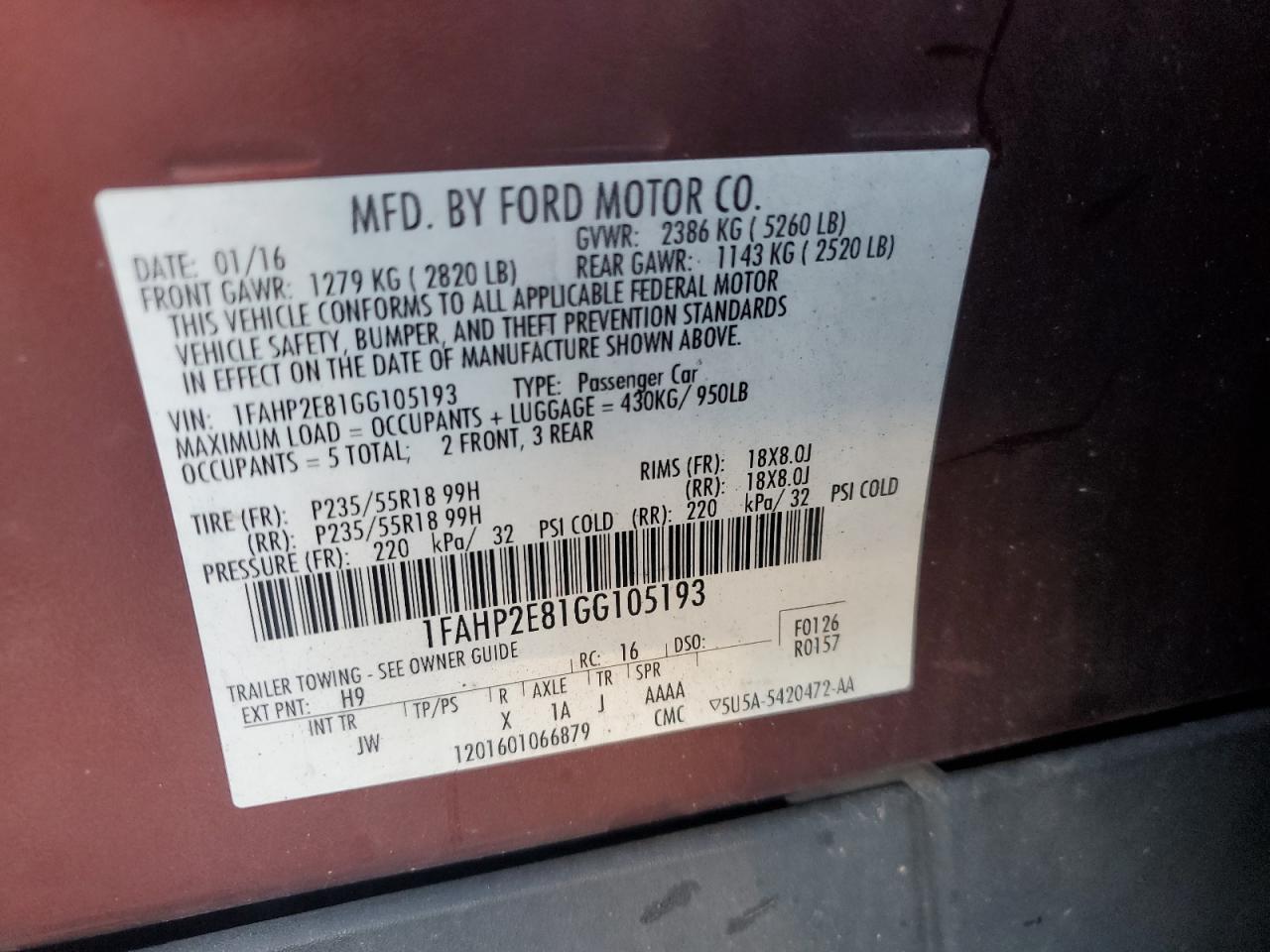 1FAHP2E81GG105193 2016 Ford Taurus Sel