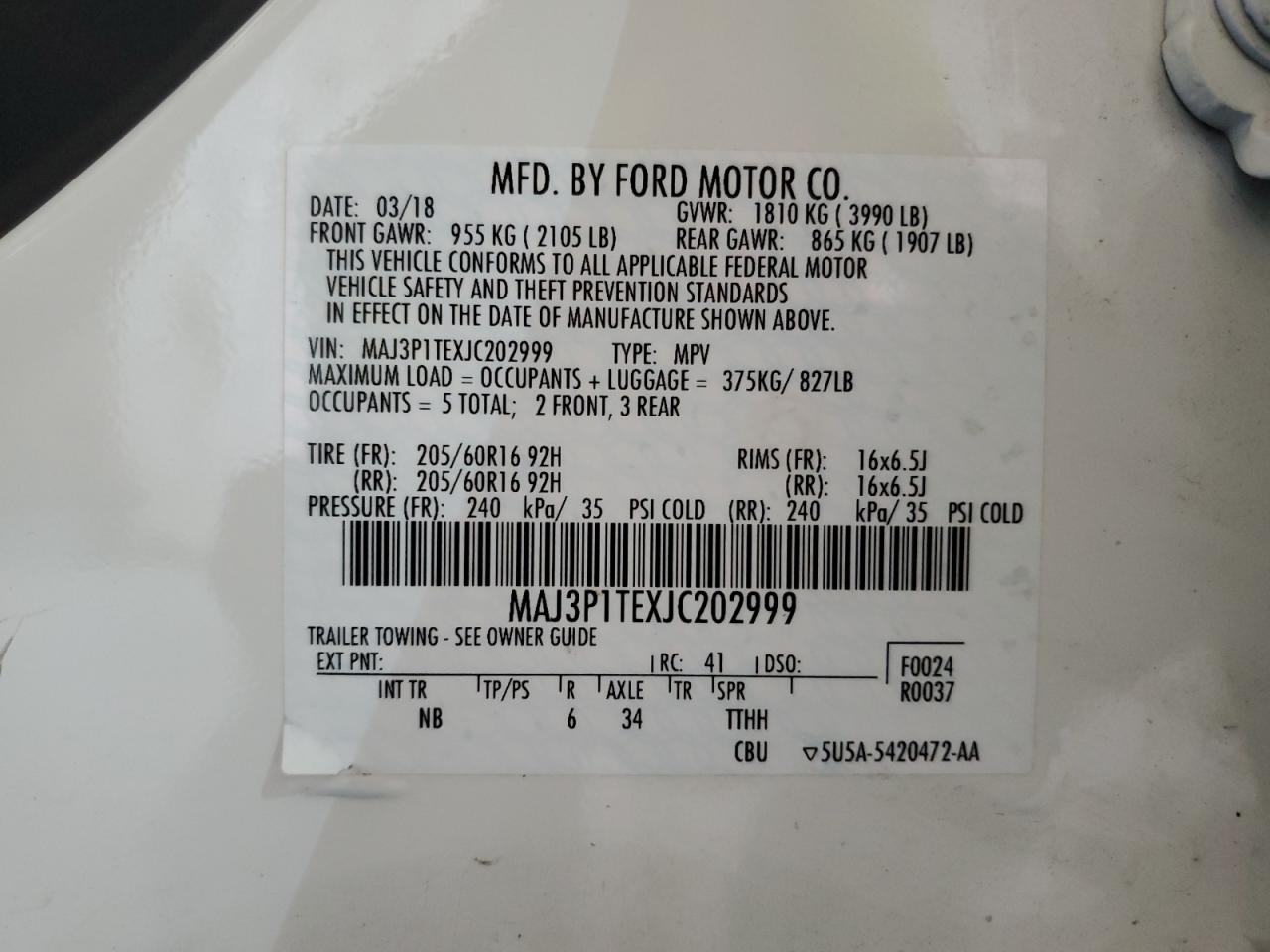 MAJ3P1TEXJC202999 2018 Ford Ecosport Se