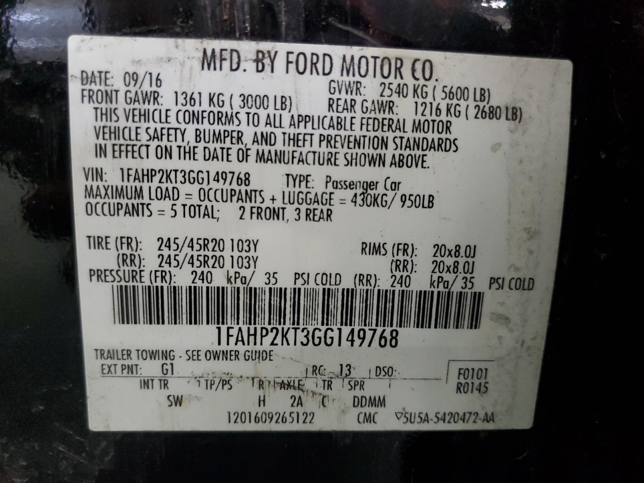 1FAHP2KT3GG149768 2016 Ford Taurus Sho