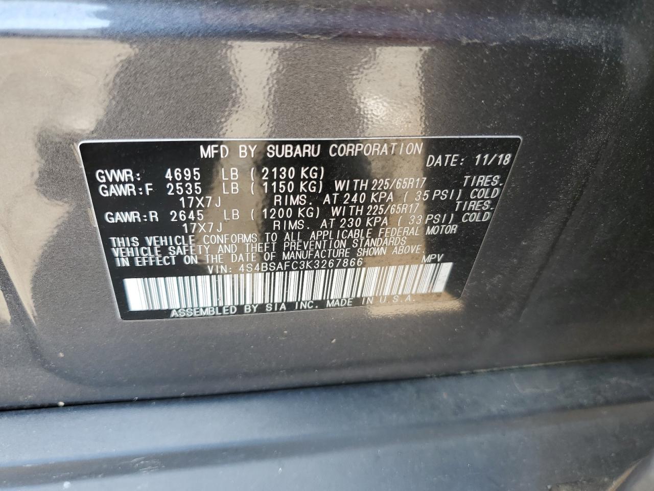 4S4BSAFC3K3267866 2019 Subaru Outback 2.5I Premium