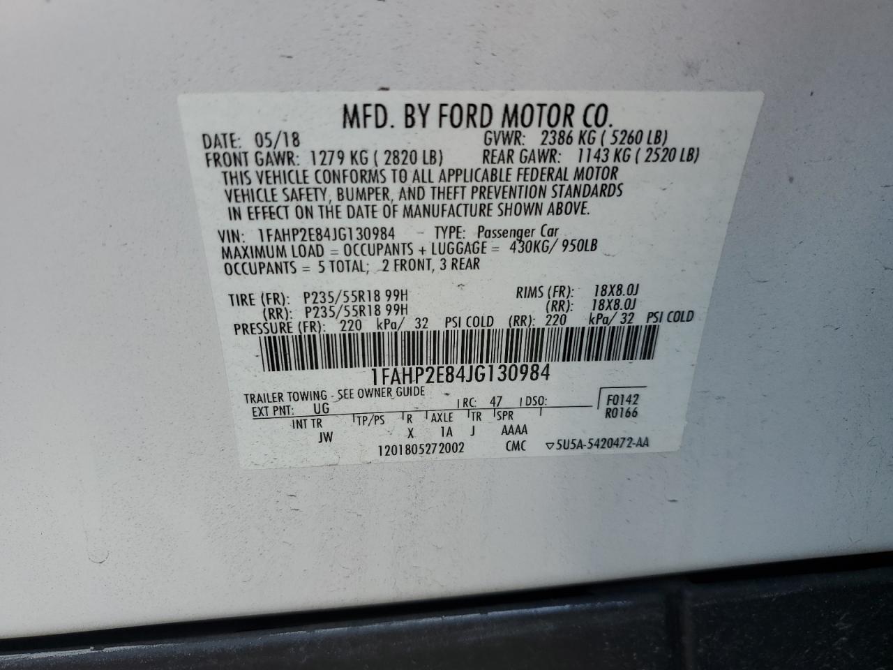 1FAHP2E84JG130984 2018 Ford Taurus Sel