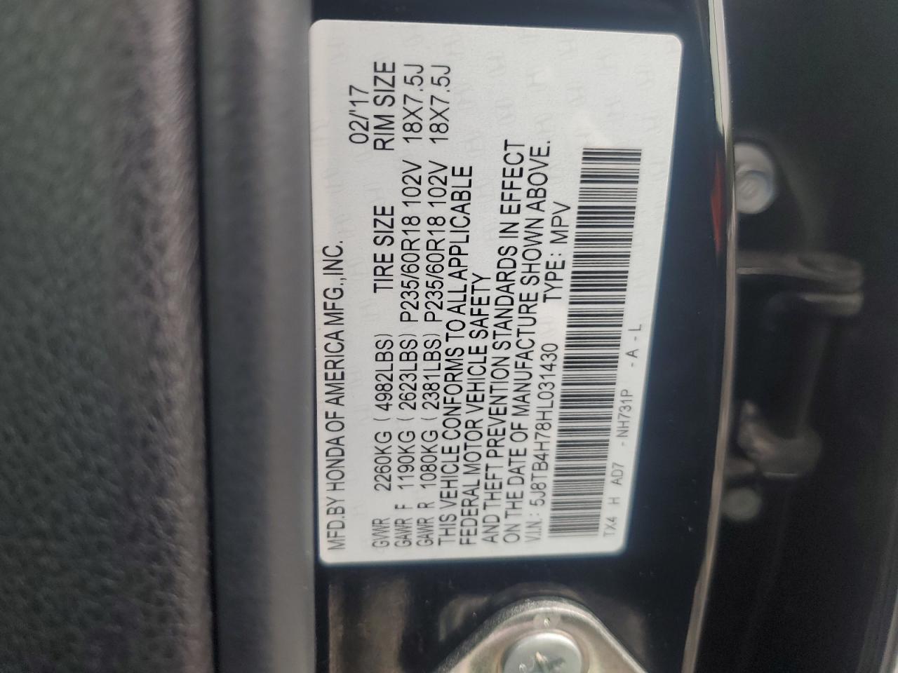 5J8TB4H78HL031430 2017 Acura Rdx Advance