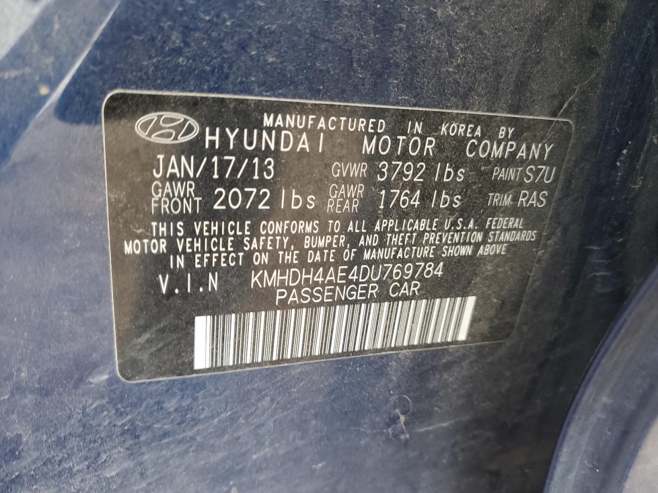 2013 Hyundai Elantra Gls VIN: KMHDH4AE4DU769784 Lot: 71823054