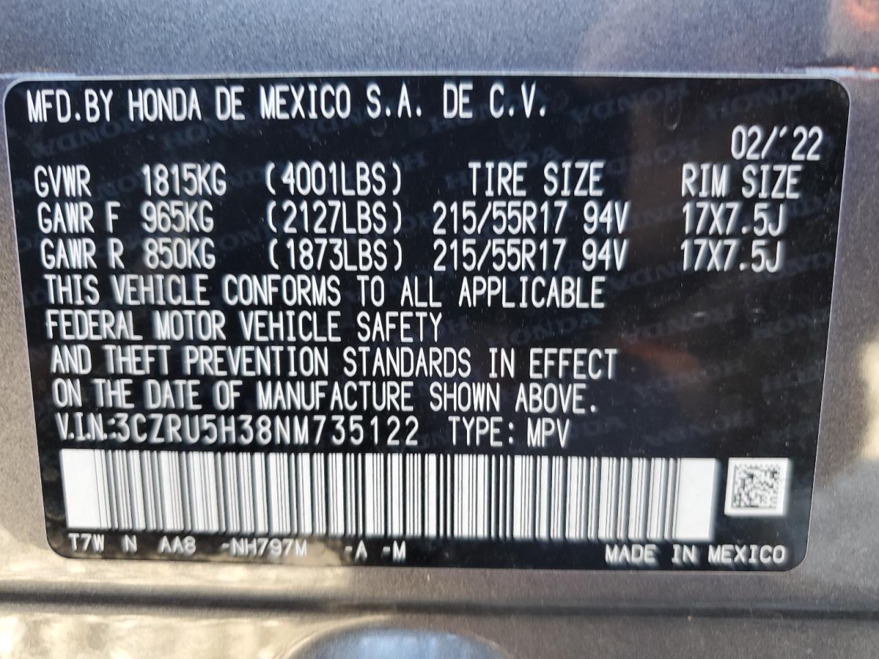 3CZRU5H38NM735122 2022 Honda Hr-V Lx