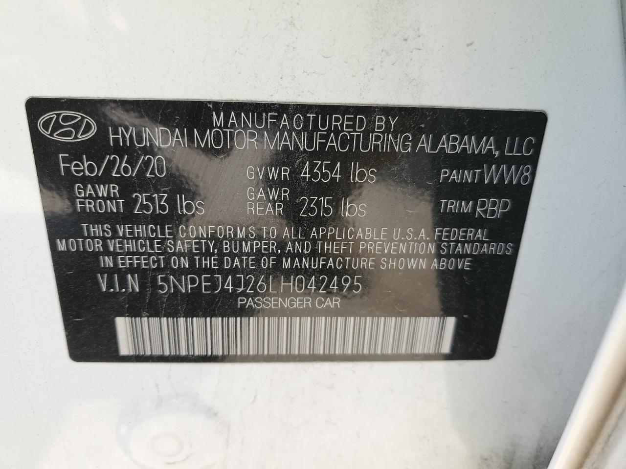 5NPEJ4J26LH042495 2020 Hyundai Sonata Sel Plus