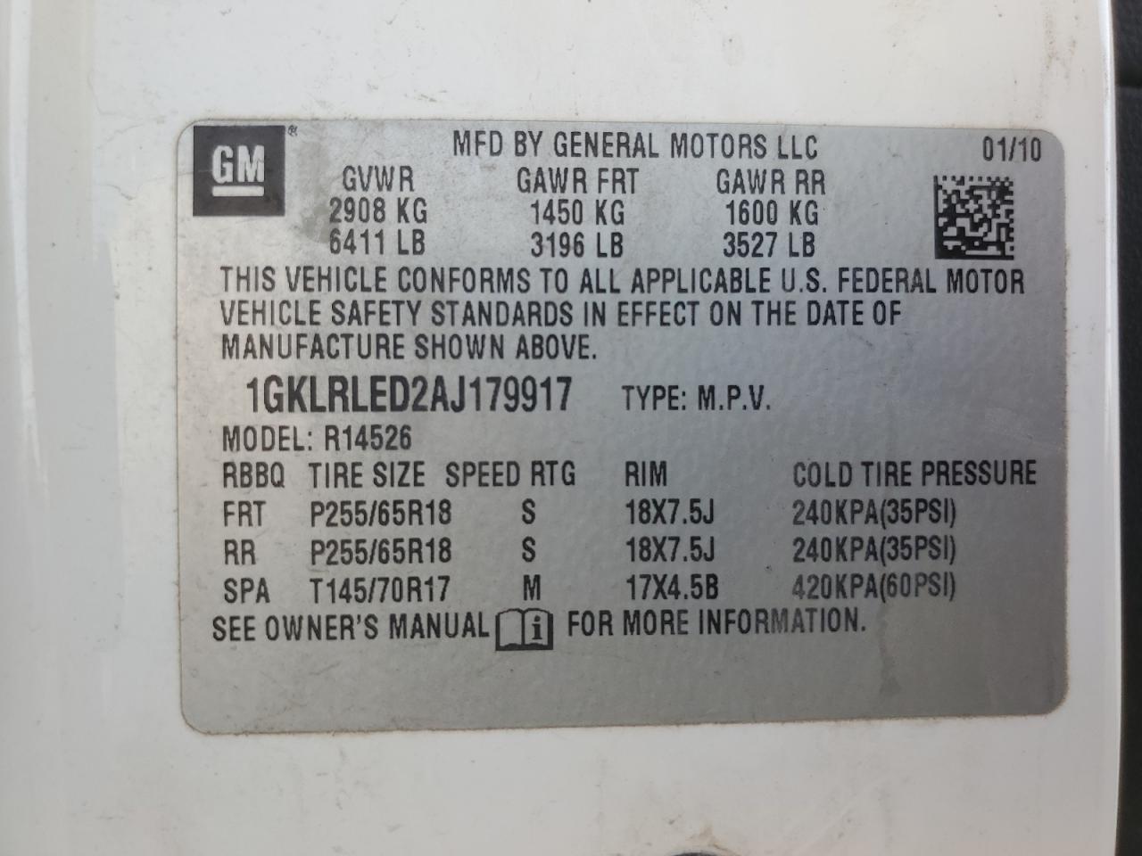 1GKLRLED2AJ179917 2010 GMC Acadia Sle