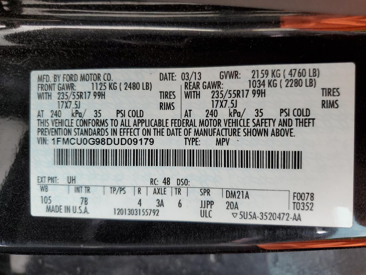 1FMCU0G98DUD09179 2013 Ford Escape Se