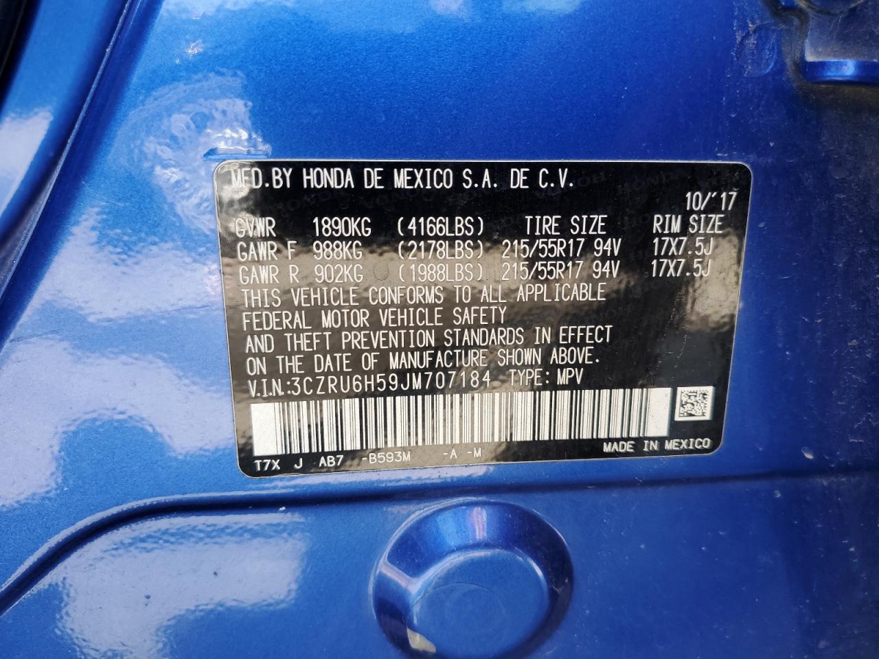 3CZRU6H59JM707184 2018 Honda Hr-V Ex