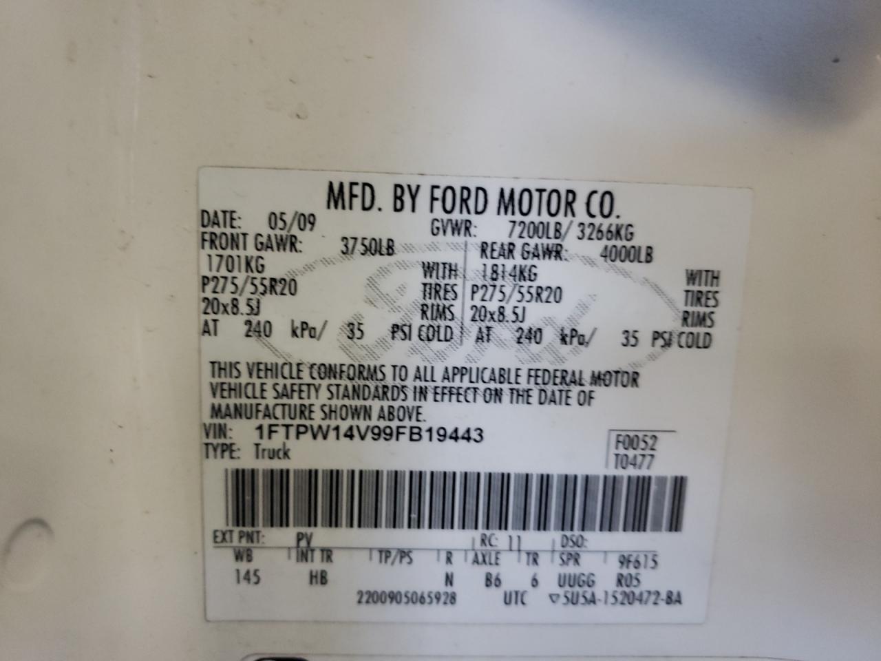 1FTPW14V99FB19443 2009 Ford F150 Supercrew