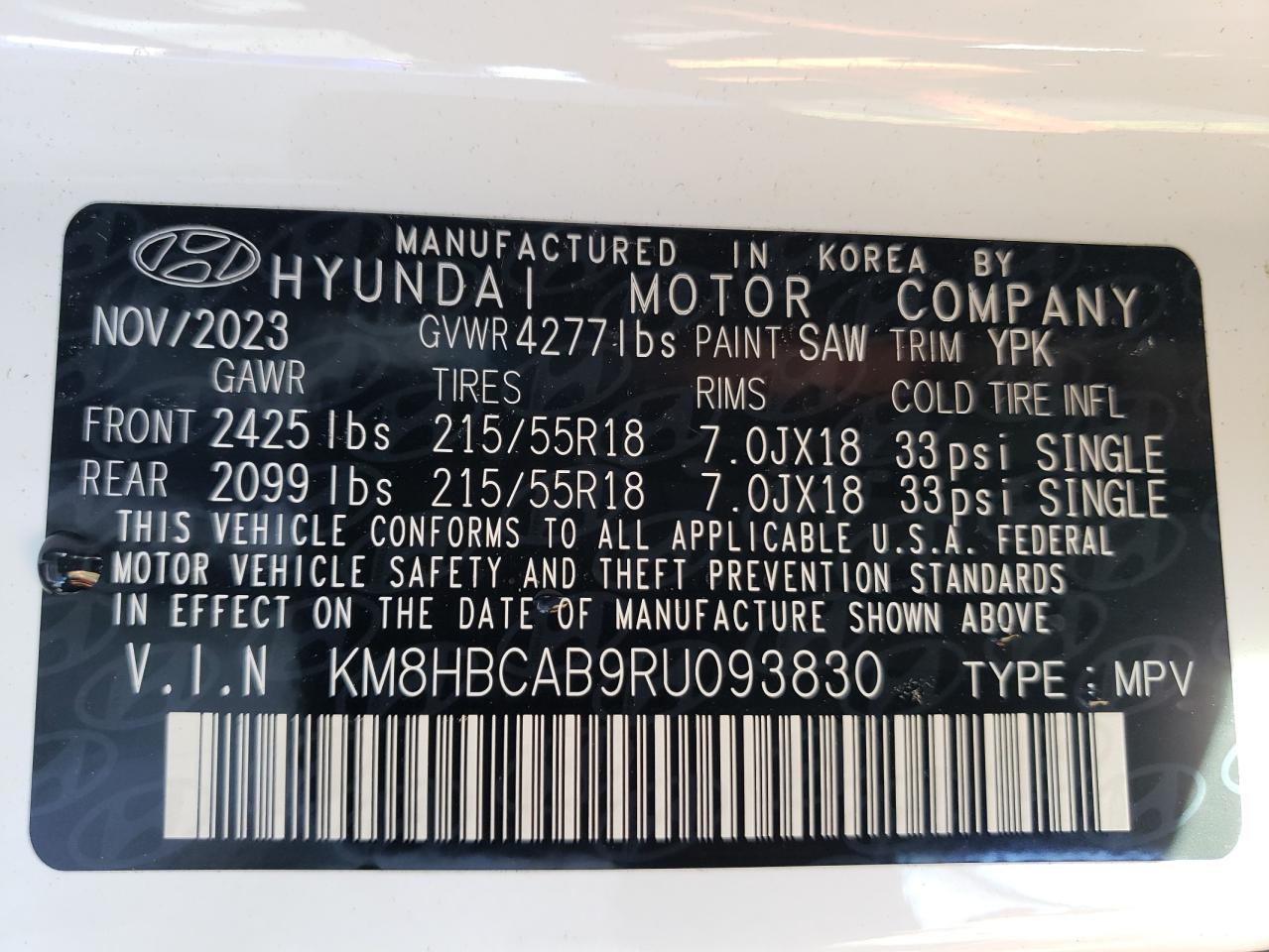 2024 Hyundai Kona Sel VIN: KM8HBCAB9RU093830 Lot: 71976584