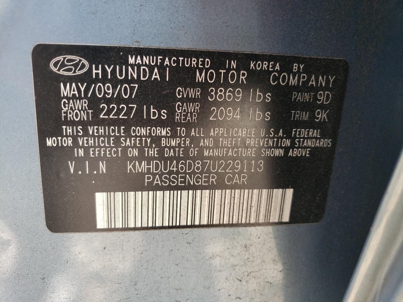 KMHDU46D87U229113 2007 Hyundai Elantra Gls