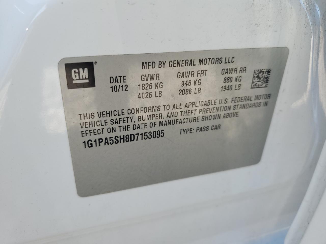 2013 Chevrolet Cruze Ls VIN: 1G1PA5SH8D7153095 Lot: 51064045