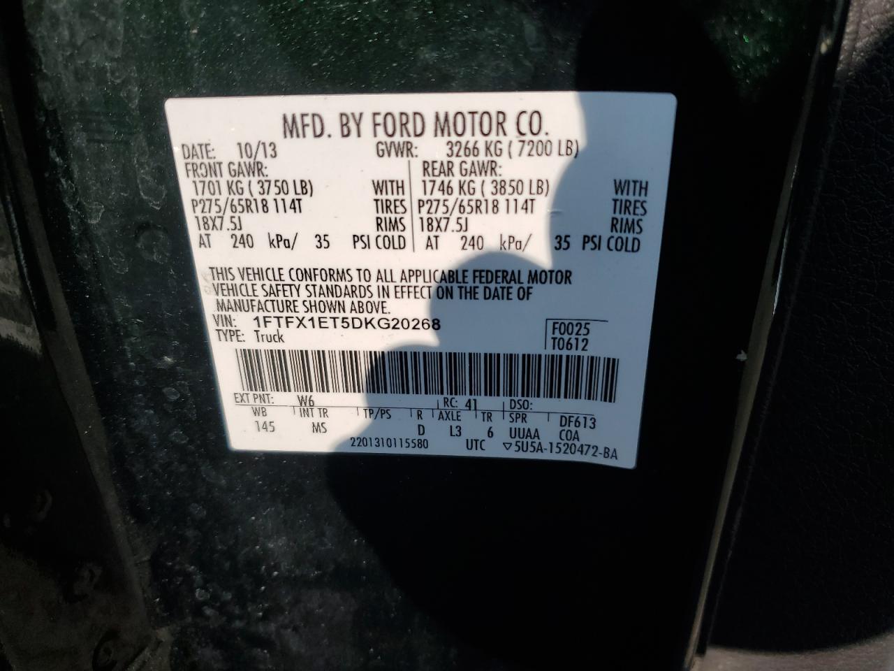 2013 Ford F150 Super Cab VIN: 1FTFX1ET5DKG20268 Lot: 70270704