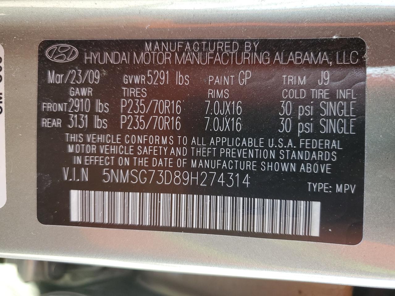 5NMSG73D89H274314 2009 Hyundai Santa Fe Gls