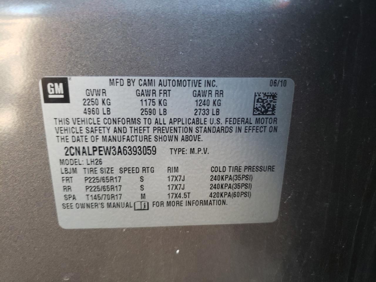 2CNALPEW3A6393059 2010 Chevrolet Equinox Lt