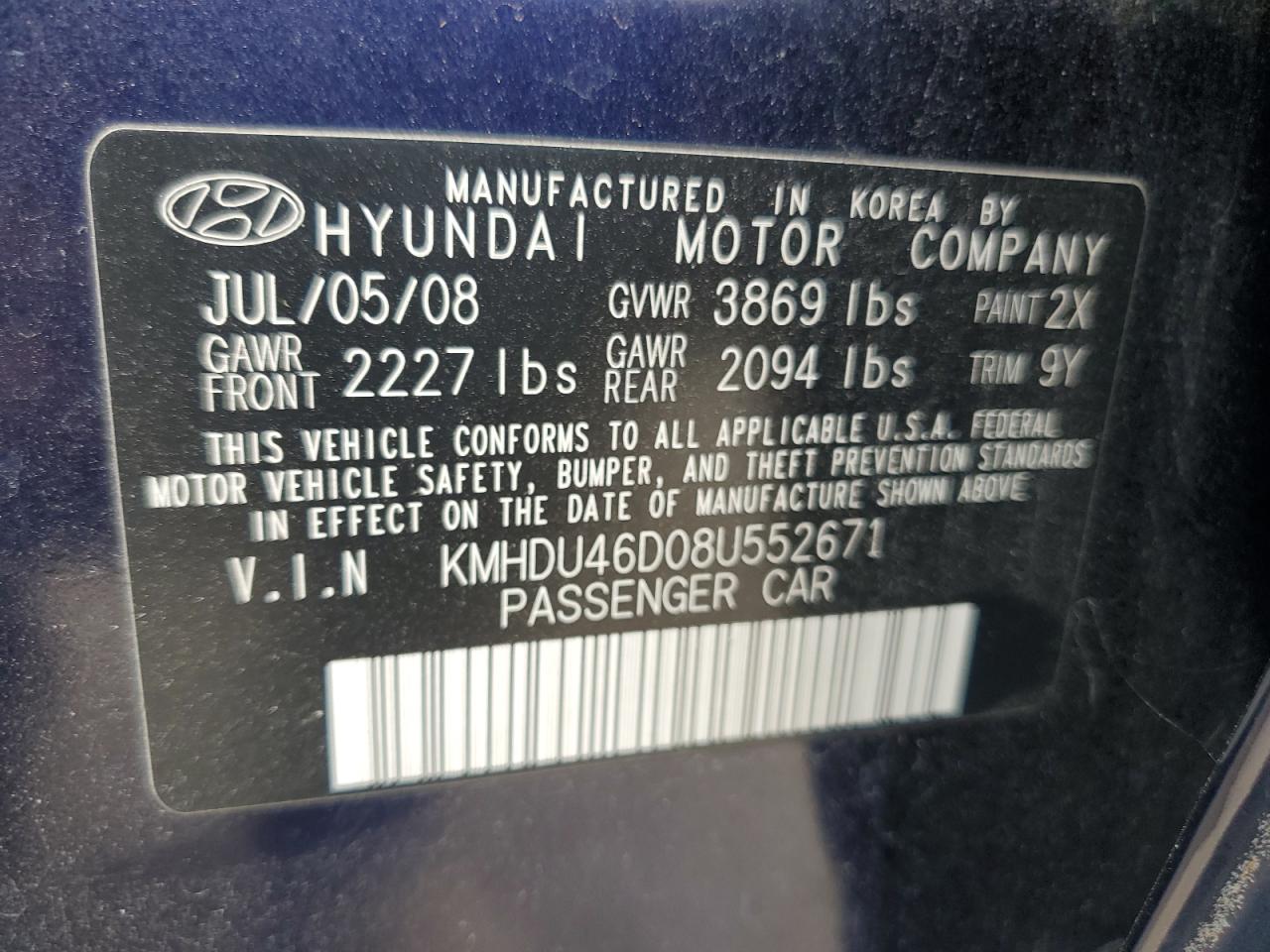 KMHDU46D08U552671 2008 Hyundai Elantra Gls