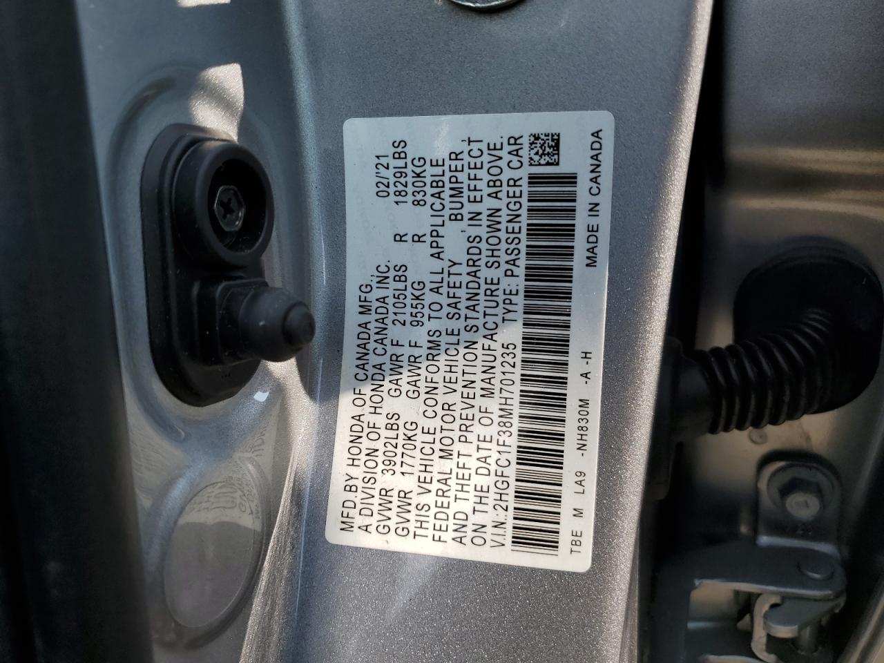 2HGFC1F38MH701235 2021 Honda Civic Ex