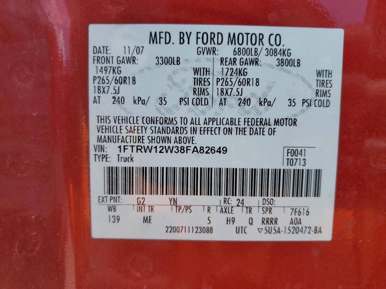 1FTRW12W38FA82649 2008 Ford F150 Supercrew