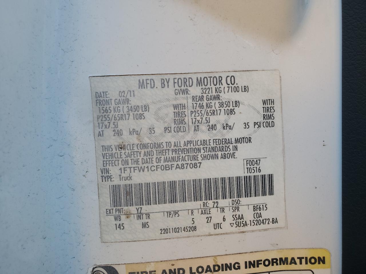 2011 Ford F150 Supercrew VIN: 1FTFW1CF0BFA87087 Lot: 71972654