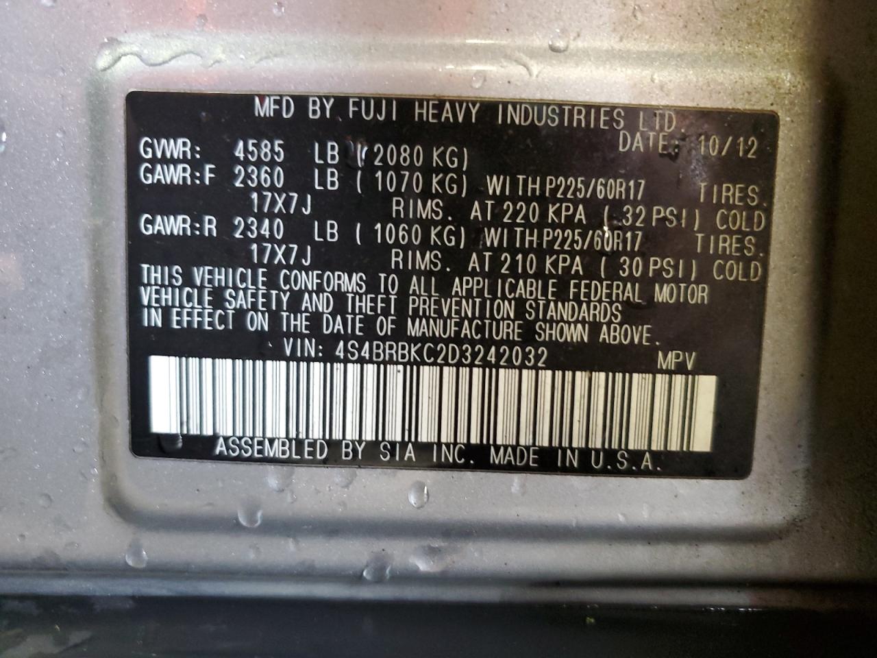 2013 Subaru Outback 2.5I Limited VIN: 4S4BRBKC2D3242032 Lot: 72444844