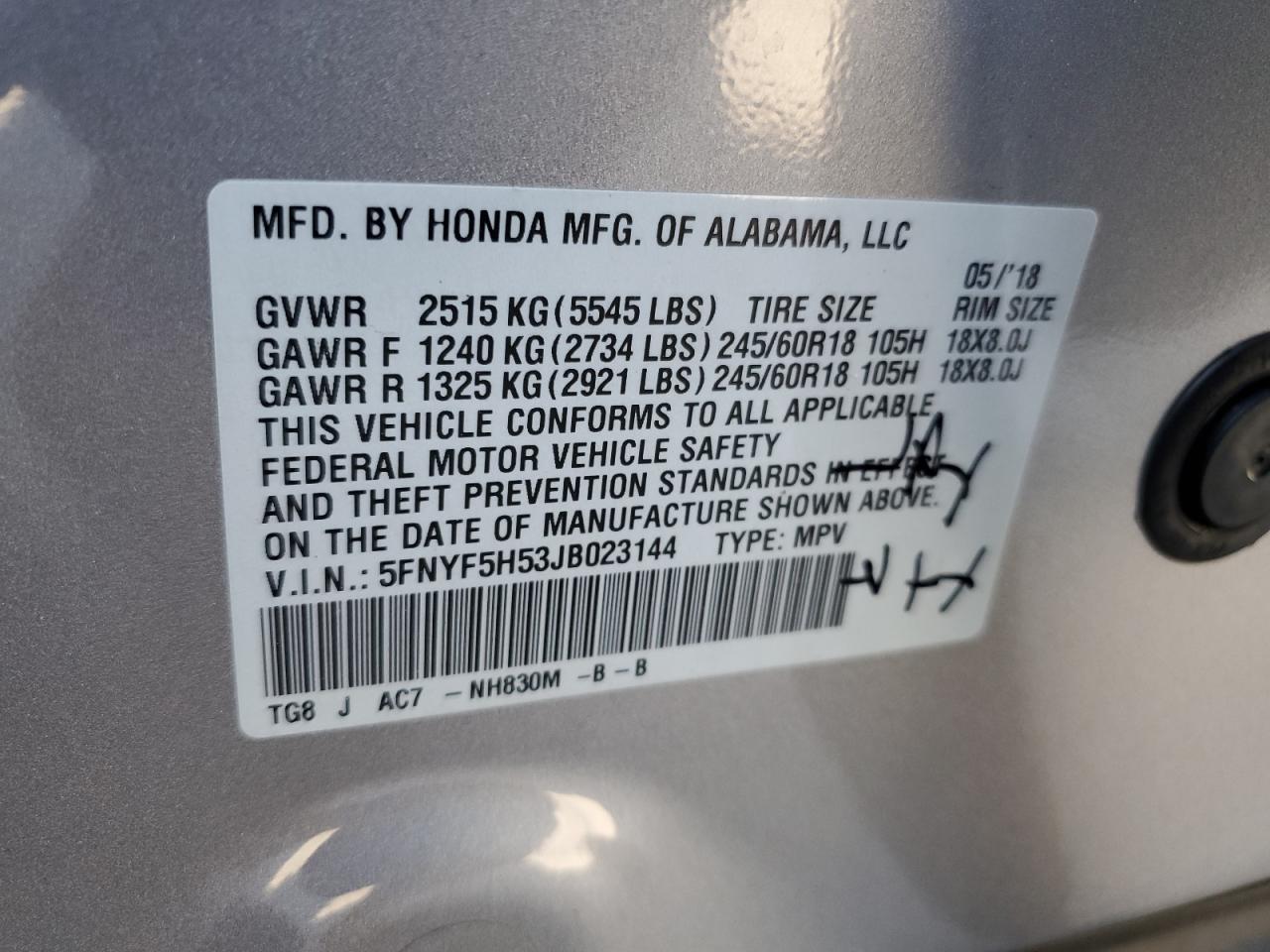 5FNYF5H53JB023144 2018 Honda Pilot Exl