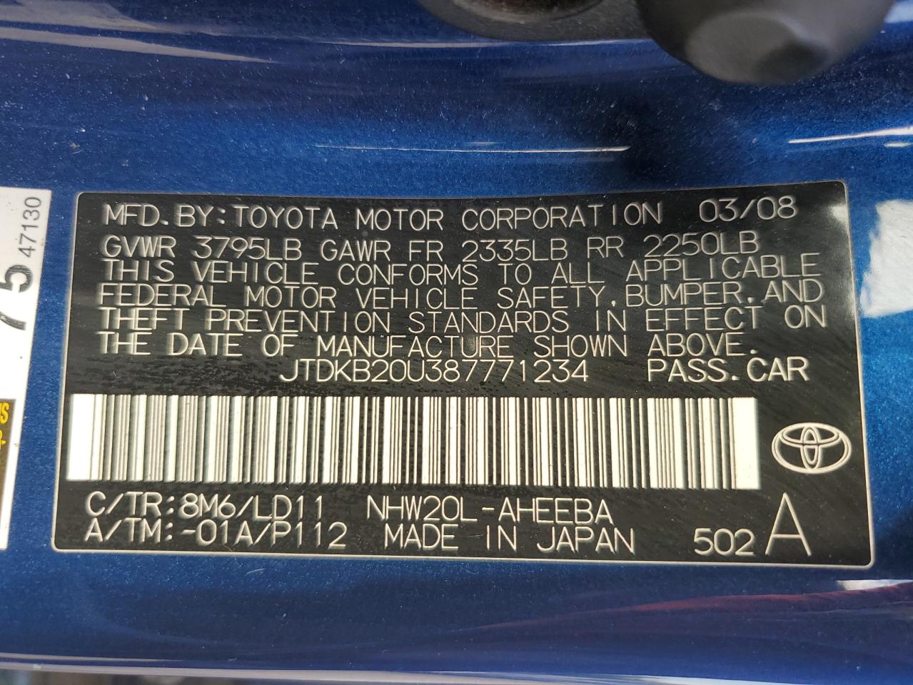 JTDKB20U387771234 2008 Toyota Prius