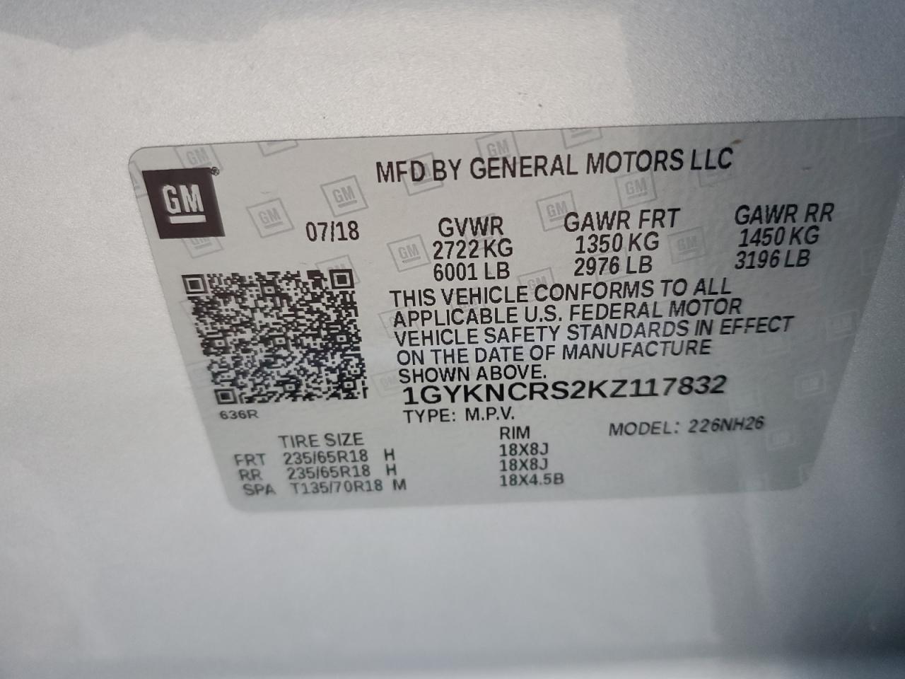 1GYKNCRS2KZ117832 2019 Cadillac Xt5 Luxury