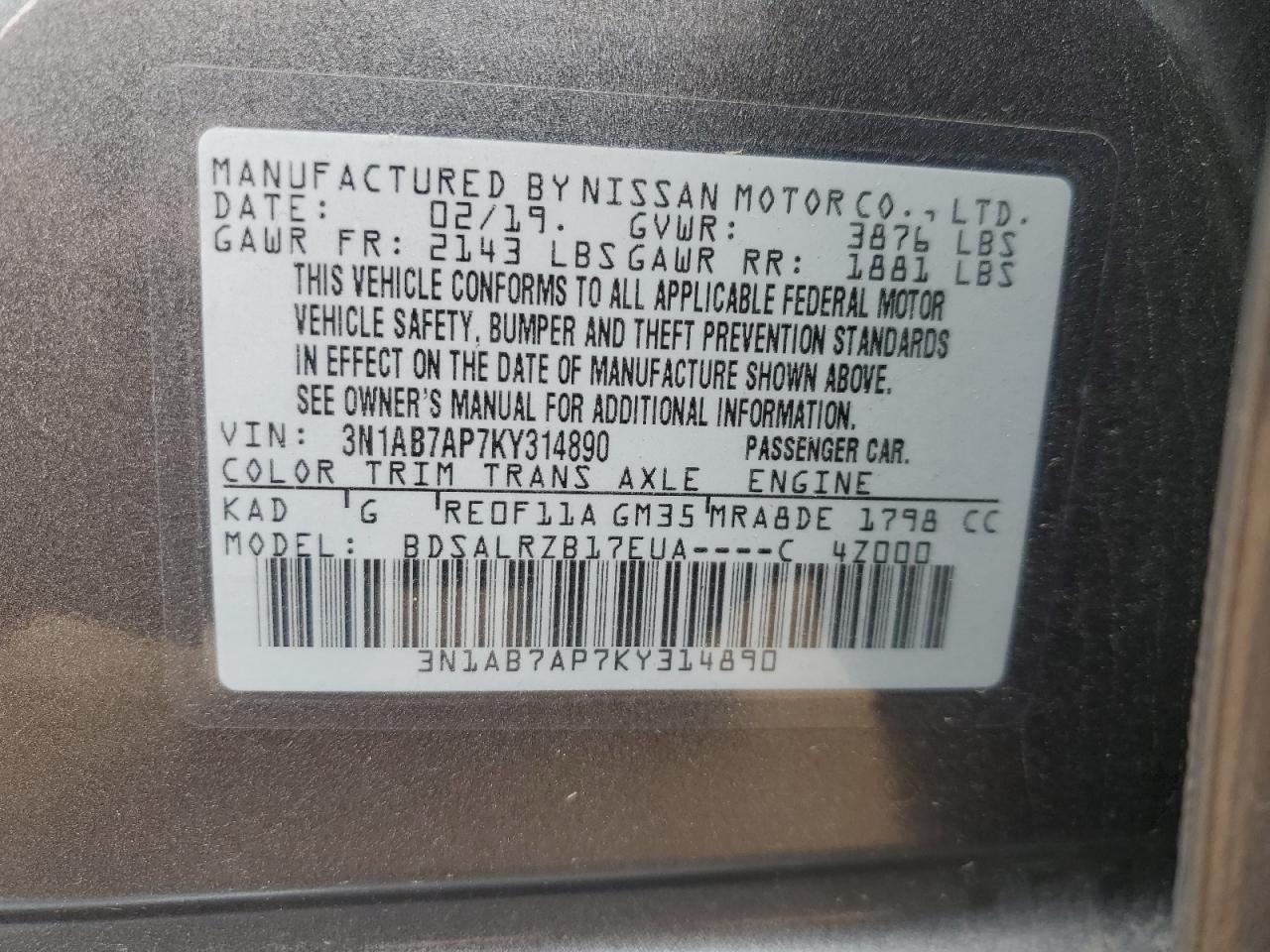 3N1AB7AP7KY314890 2019 Nissan Sentra S