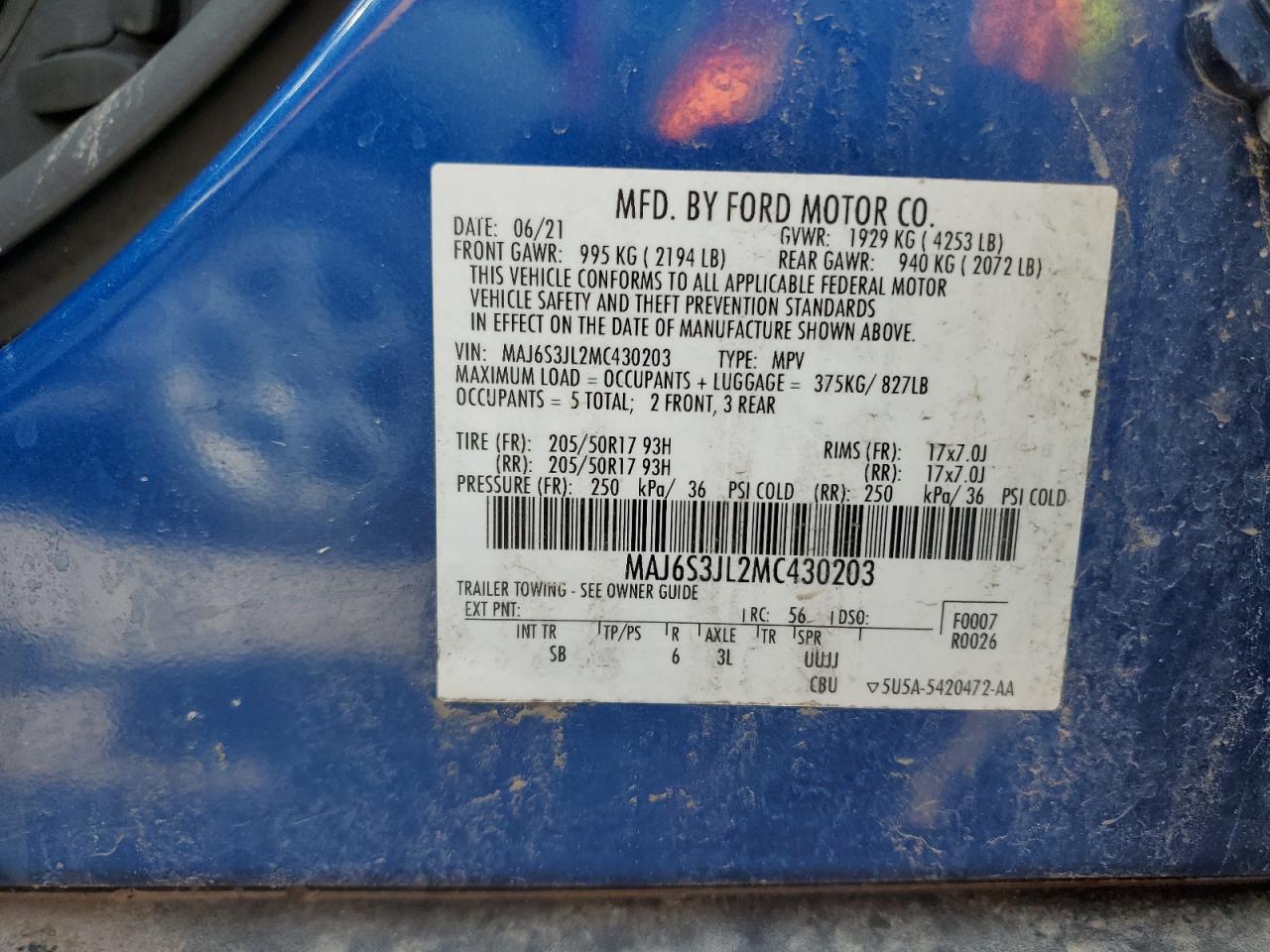 MAJ6S3JL2MC430203 2021 Ford Ecosport Ses