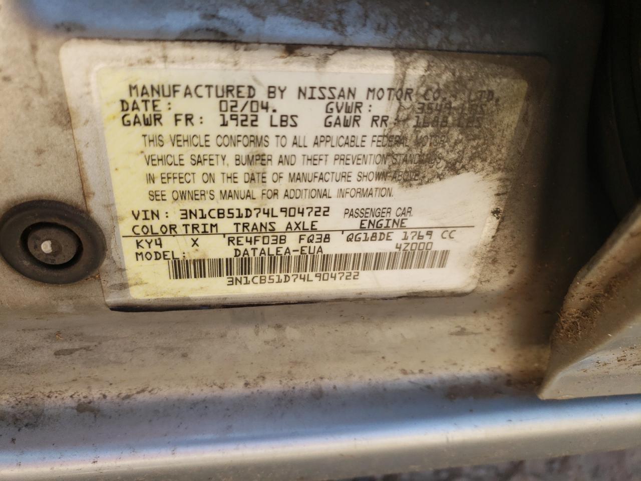 3N1CB51D74L904722 2004 Nissan Sentra 1.8