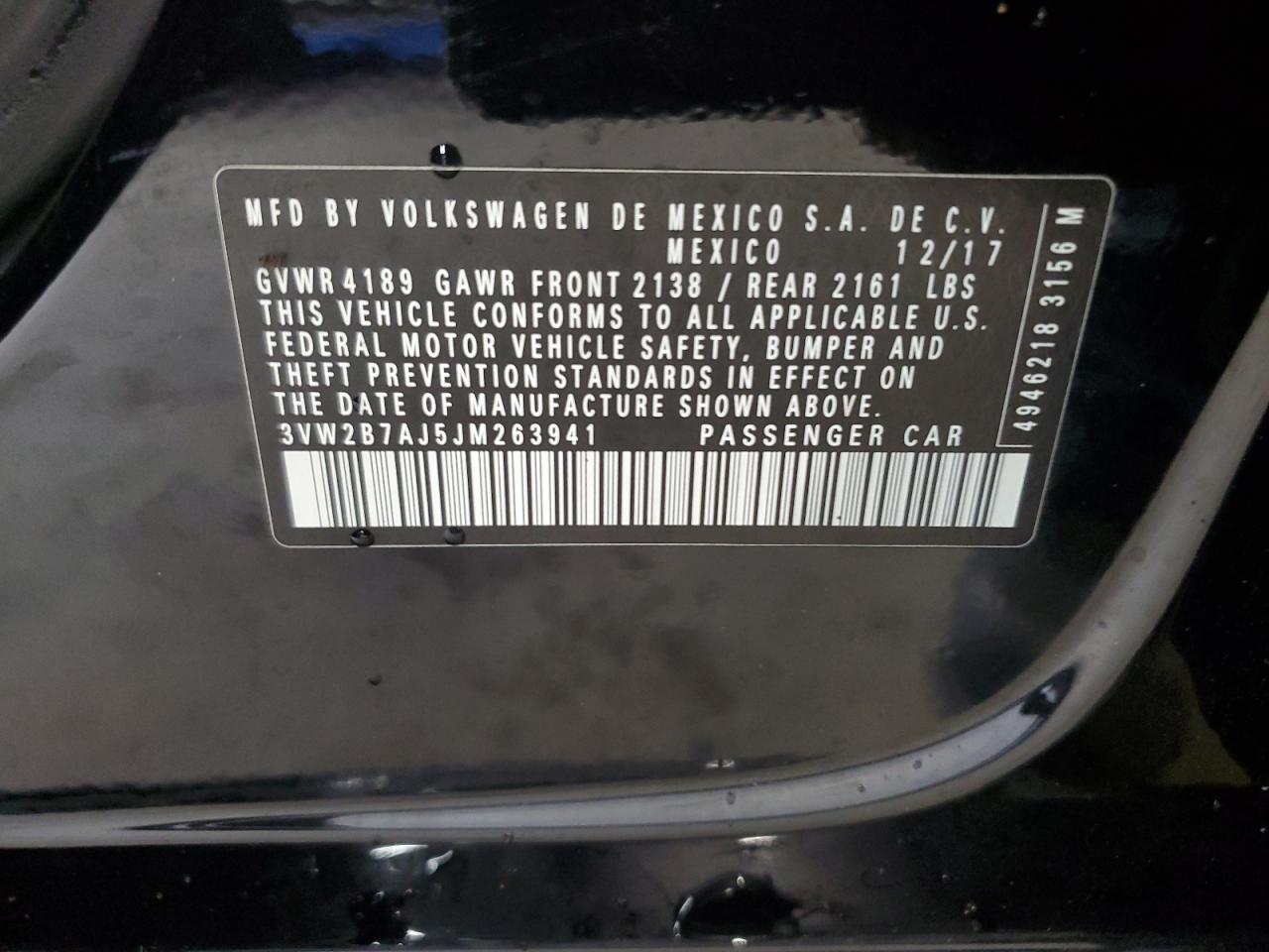 2018 Volkswagen Jetta S VIN: 3VW2B7AJ5JM263941 Lot: 71592434