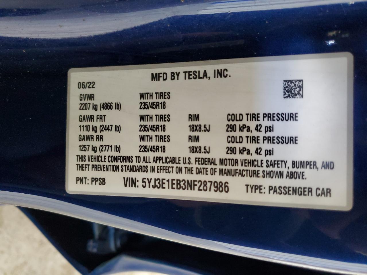 5YJ3E1EB3NF287986 2022 Tesla Model 3