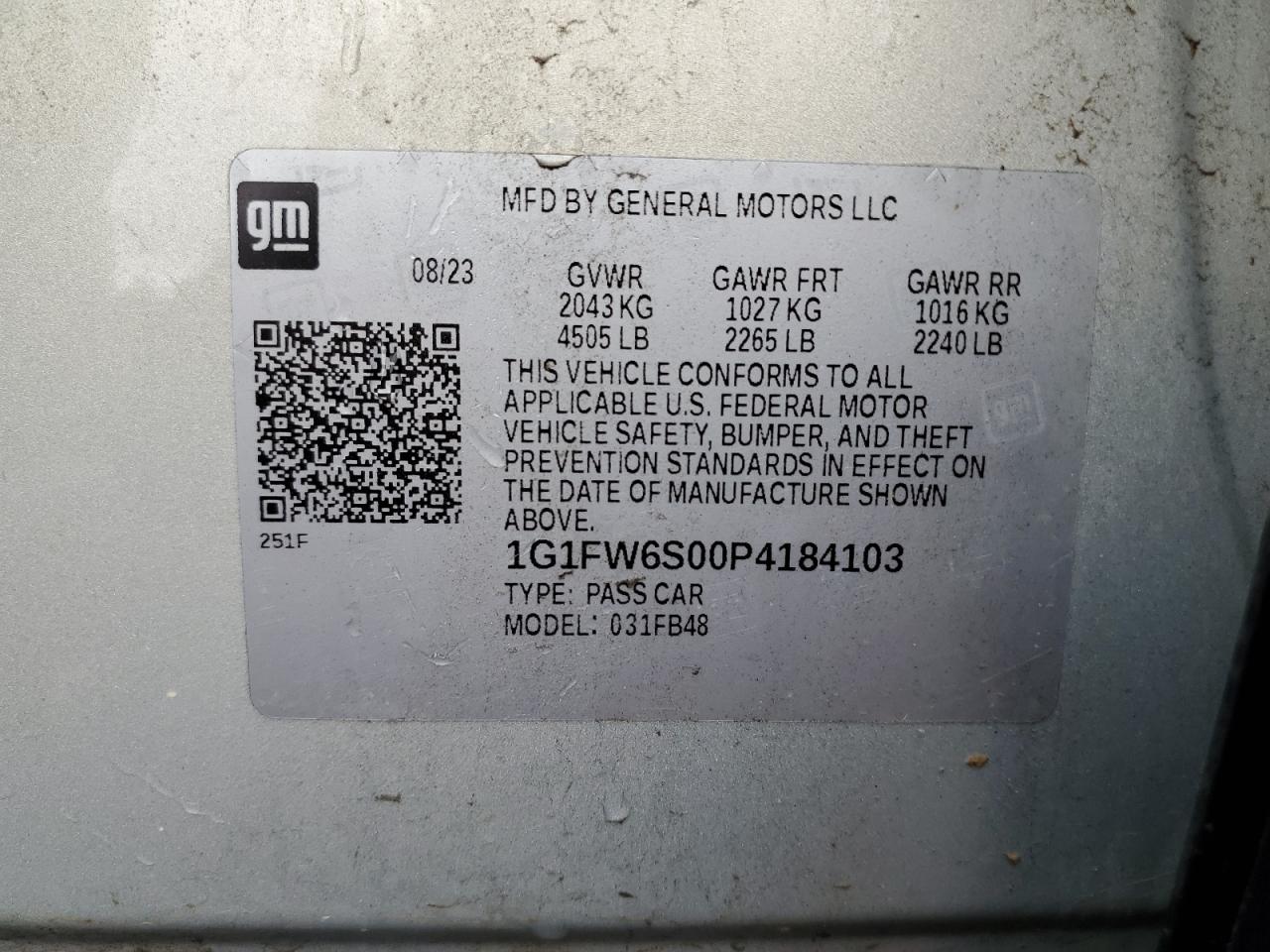 1G1FW6S00P4184103 2023 Chevrolet Bolt Ev 1Lt