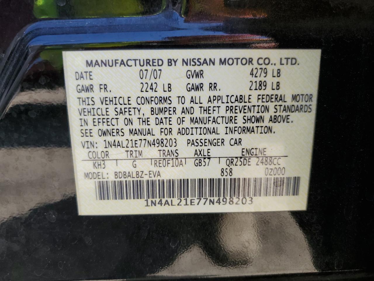 1N4AL21E77N498203 2007 Nissan Altima 2.5