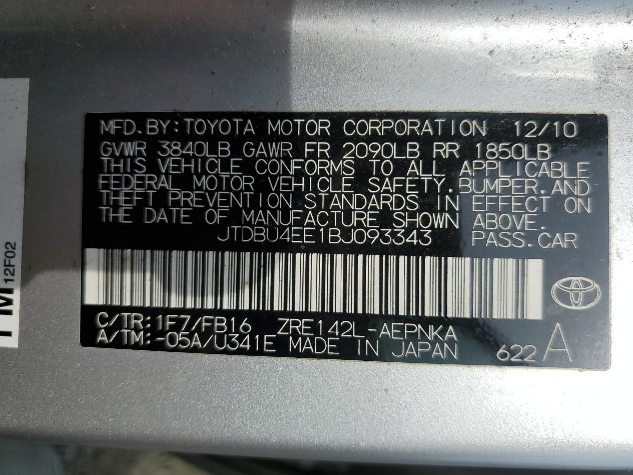 JTDBU4EE1BJ093343 2011 Toyota Corolla Base