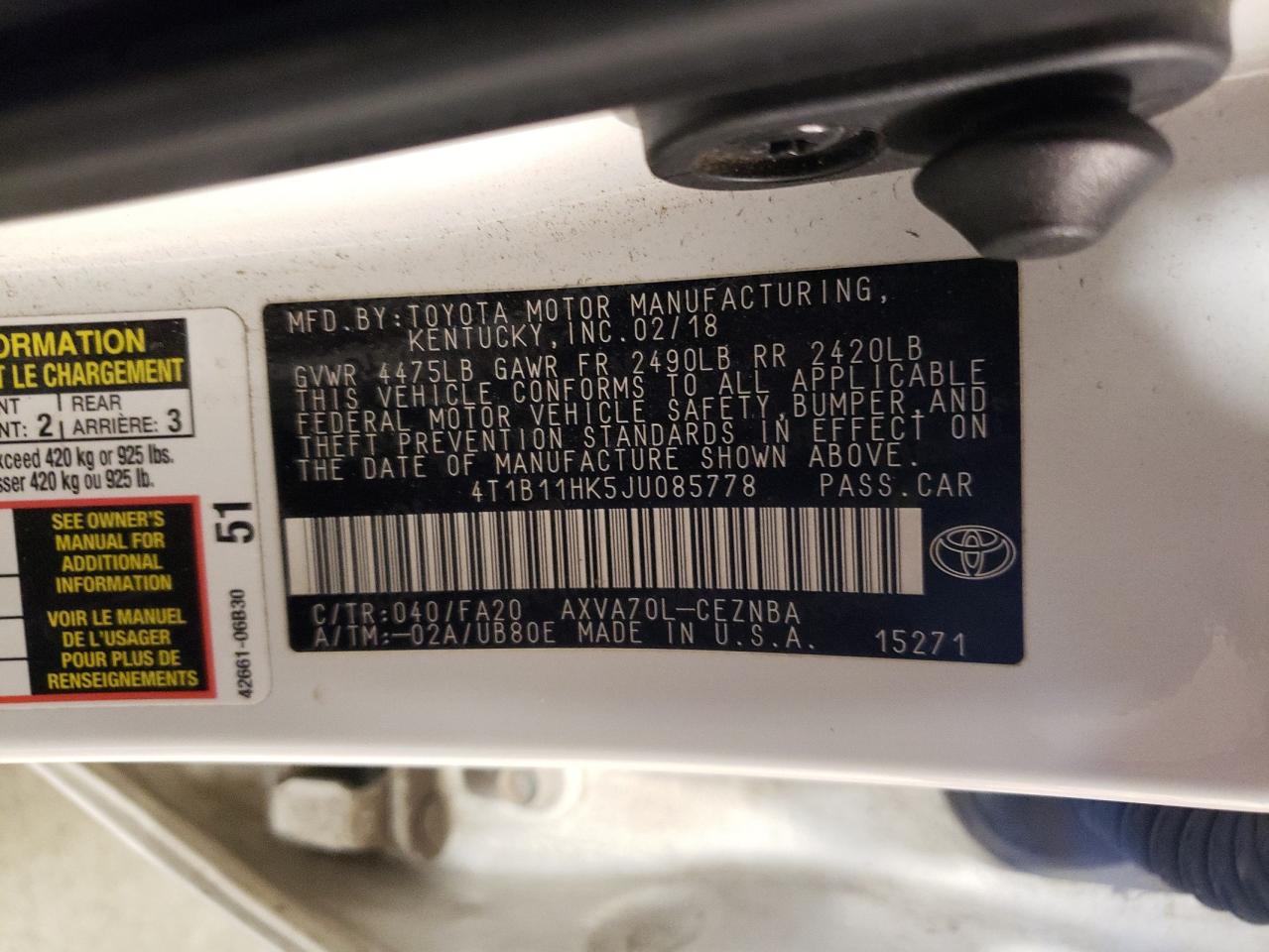 4T1B11HK5JU085778 2018 Toyota Camry L