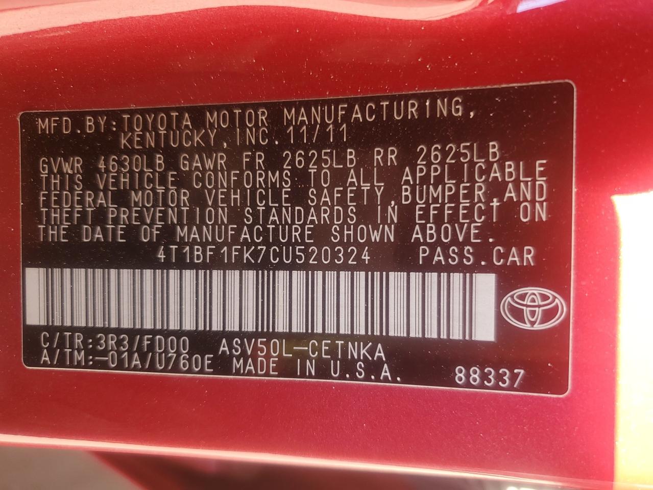 4T1BF1FK7CU520324 2012 Toyota Camry Base