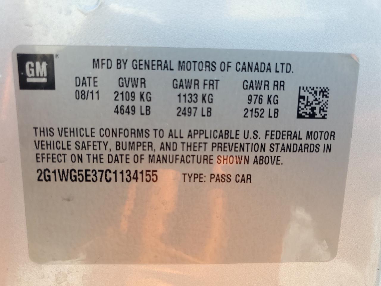 2G1WG5E37C1134155 2012 Chevrolet Impala Lt