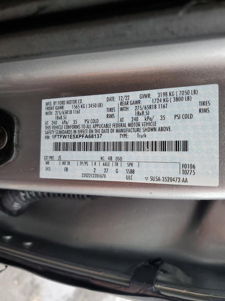 2023 Ford F150 Supercrew VIN: 1FTFW1E5XPFA68137 Lot: 72722074