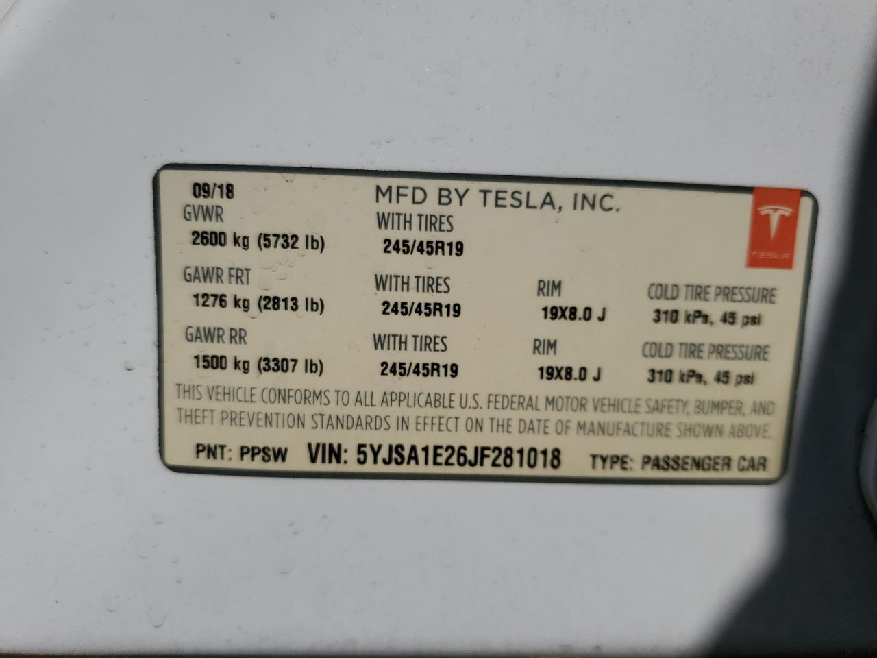 2018 Tesla Model S VIN: 5YJSA1E26JF281018 Lot: 73392404