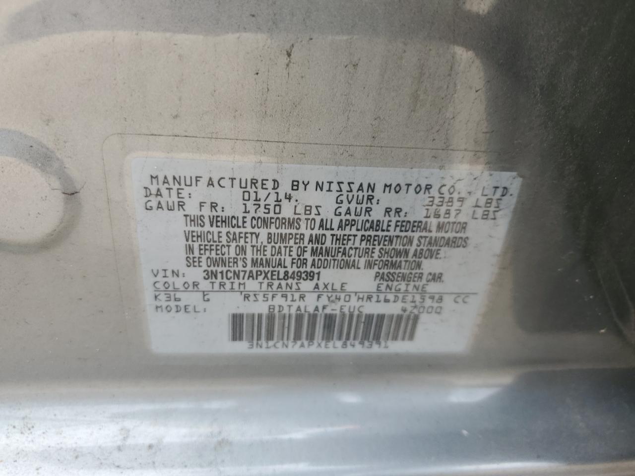 3N1CN7APXEL849391 2014 Nissan Versa S